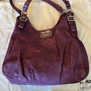 Coach Maggie Madison bag in metallic purple logo stitched leather.